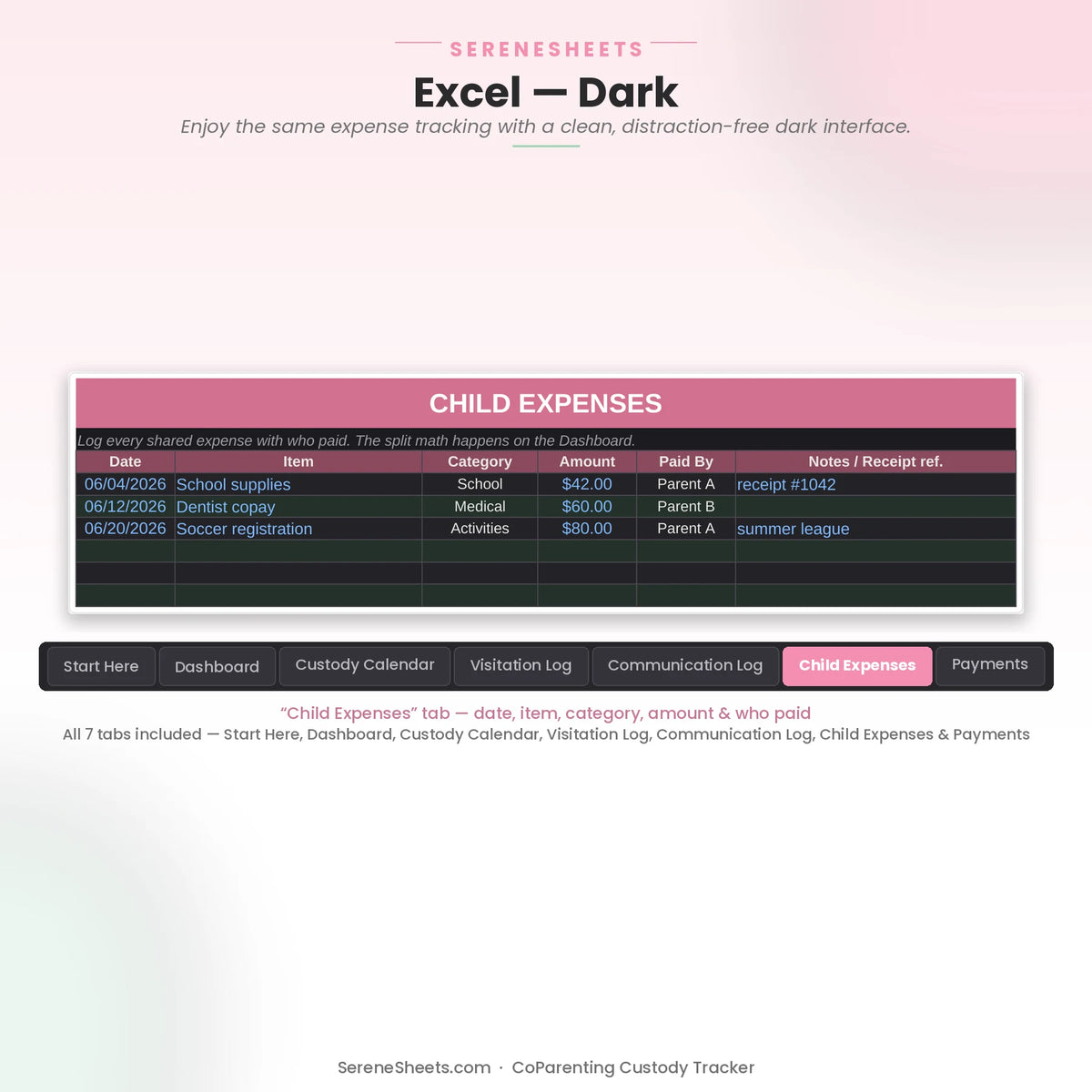 CoParenting Custody Tracker Child Expenses tab in Excel dark mode with the same expense log and a clean dark interface.