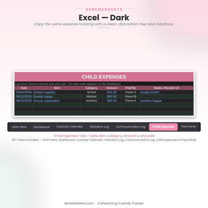 CoParenting Custody Tracker Child Expenses tab in Excel dark mode with the same expense log and a clean dark interface.