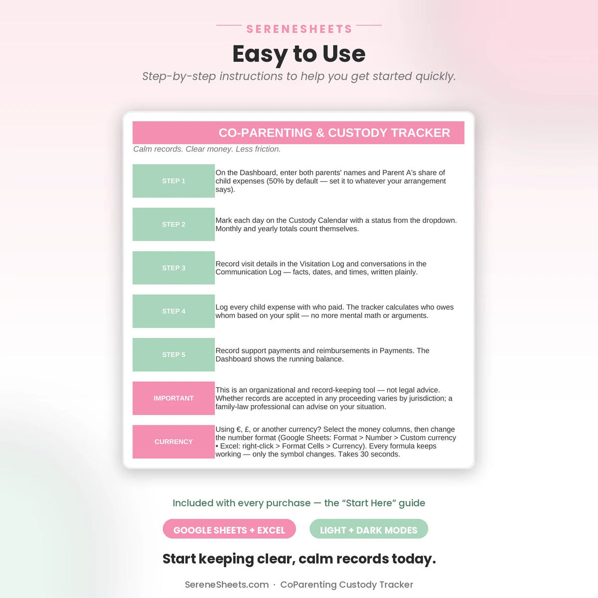 CoParenting Custody Tracker Start Here guide showing five setup steps and a start-keeping-calm-records call to action.