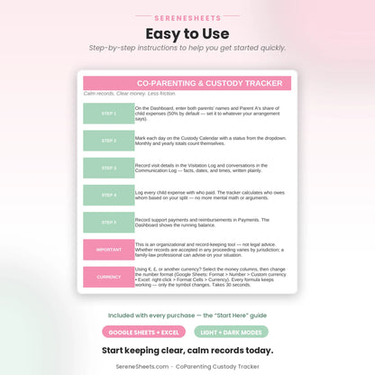 CoParenting Custody Tracker Start Here guide showing five setup steps and a start-keeping-calm-records call to action.
