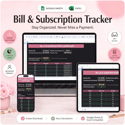 SereneSheets Bill & Subscription Tracker cover showing the Dashboard tab in dark mode with total monthly bills, subscriptions cost, and active subscriptions count across laptop, tablet, and phone screens