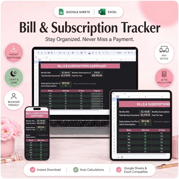 SereneSheets Bill & Subscription Tracker cover showing the Dashboard tab in dark mode with total monthly bills, subscriptions cost, and active subscriptions count across laptop, tablet, and phone screens
