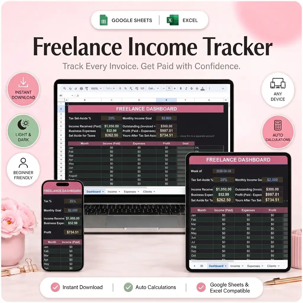 SereneSheets Freelance Income Tracker cover showing the Dashboard tab in dark mode with income received, outstanding invoices, tax set-aside, and profit across laptop, tablet, and phone screens