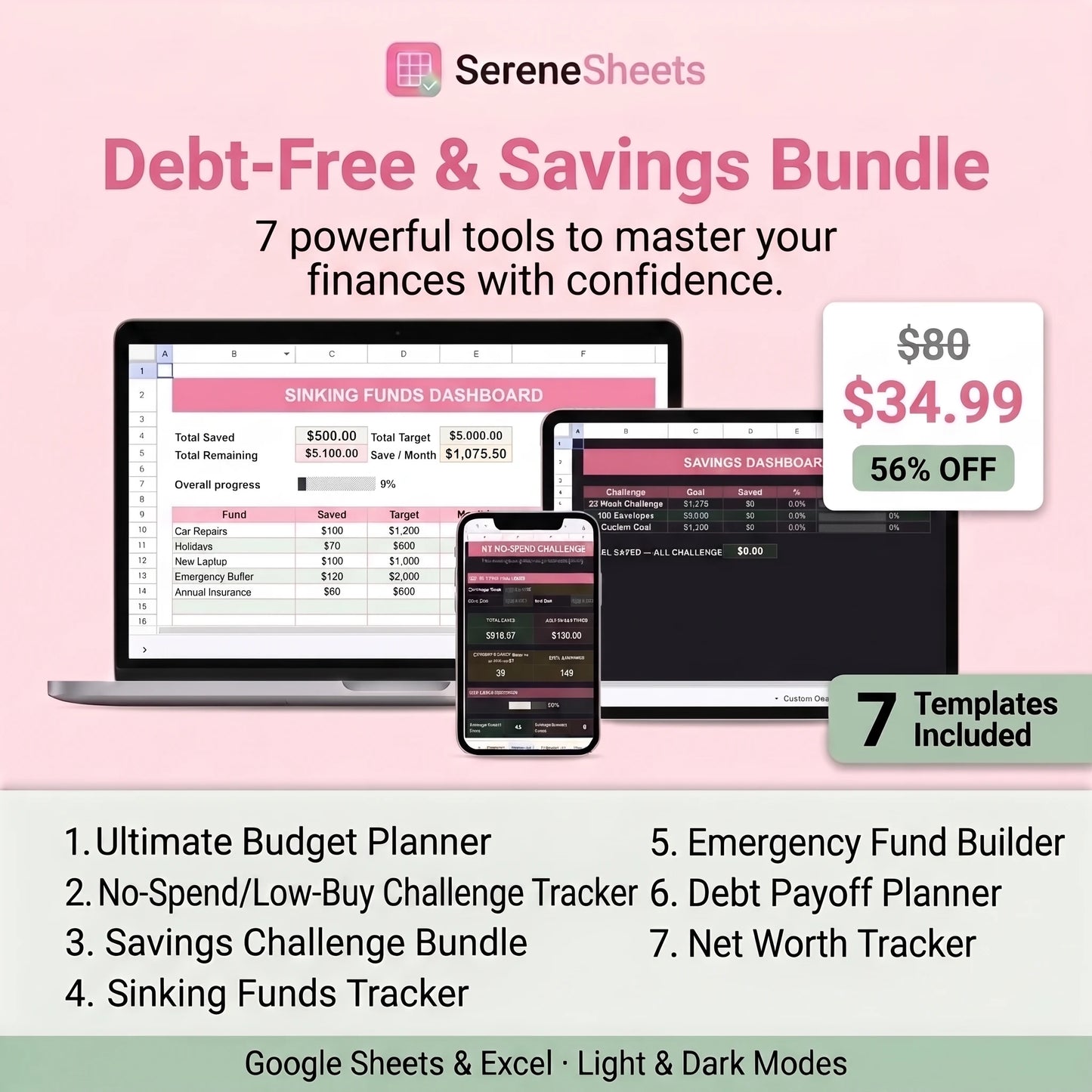Debt-Free & Savings Bundle for Google Sheets and Excel — 7 templates including Debt Payoff Planner, Net Worth Tracker, and Emergency Fund Builder, $80 value for $34.99