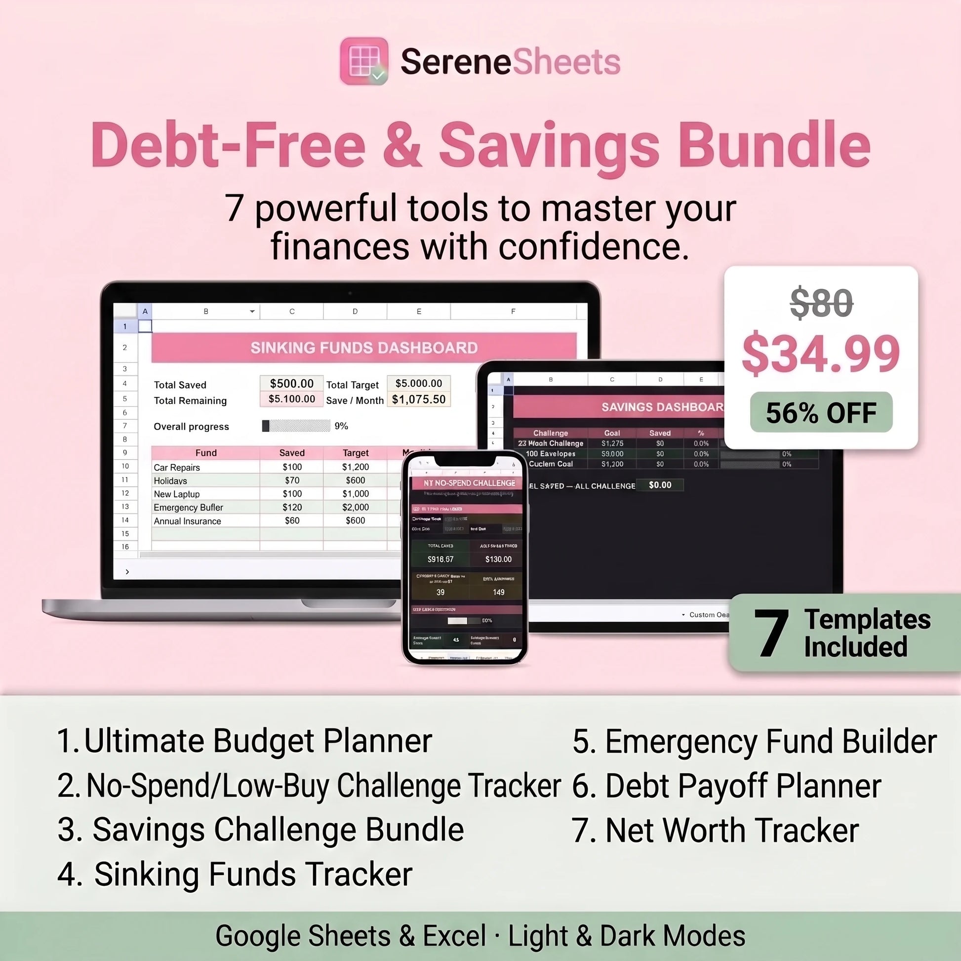 Debt-Free & Savings Bundle for Google Sheets and Excel — 7 templates including Debt Payoff Planner, Net Worth Tracker, and Emergency Fund Builder, $80 value for $34.99