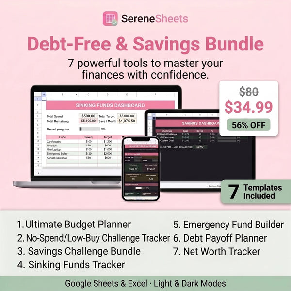 Debt-Free & Savings Bundle for Google Sheets and Excel — 7 templates including Debt Payoff Planner, Net Worth Tracker, and Emergency Fund Builder, $80 value for $34.99