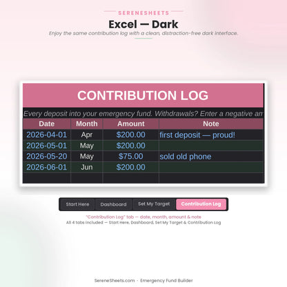 Emergency Fund Builder Contribution Log tab in Excel dark mode with the same deposit log and a clean interface.