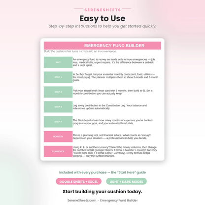 Emergency Fund Builder Start Here guide showing four setup steps and a start-building-your-cushion call to action.