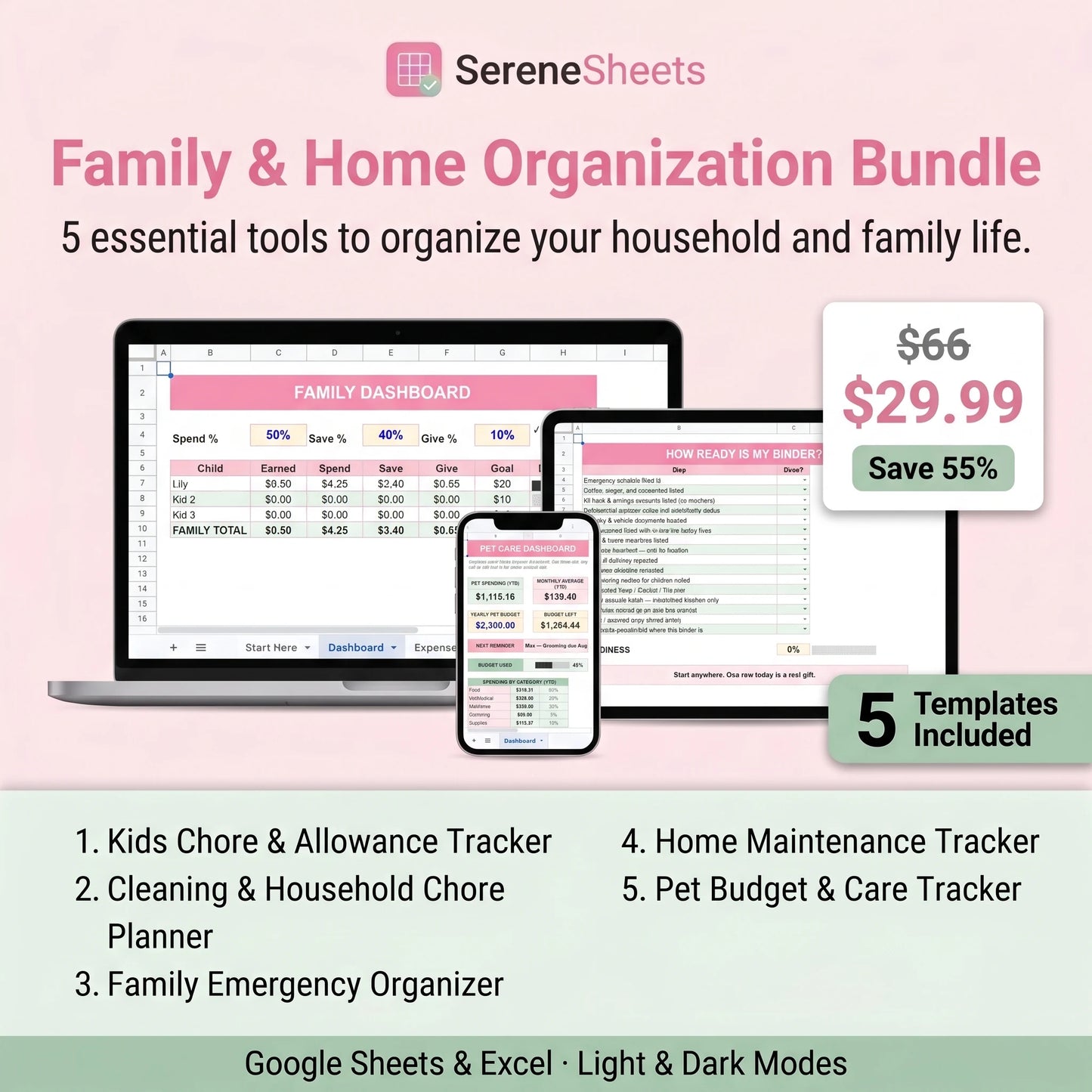 Family & Home Organization Bundle — 5 Templates for Google Sheets & Excel