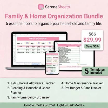 Family & Home Organization Bundle — 5 Templates for Google Sheets & Excel