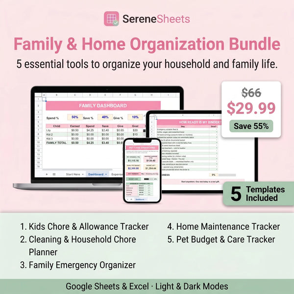 Family & Home Organization Bundle — 5 Templates for Google Sheets & Excel