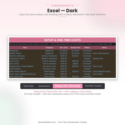 First-Year Homeowner Tracker Setup & One-Time Costs tab in Excel dark mode showing the same setup-cost checklist.