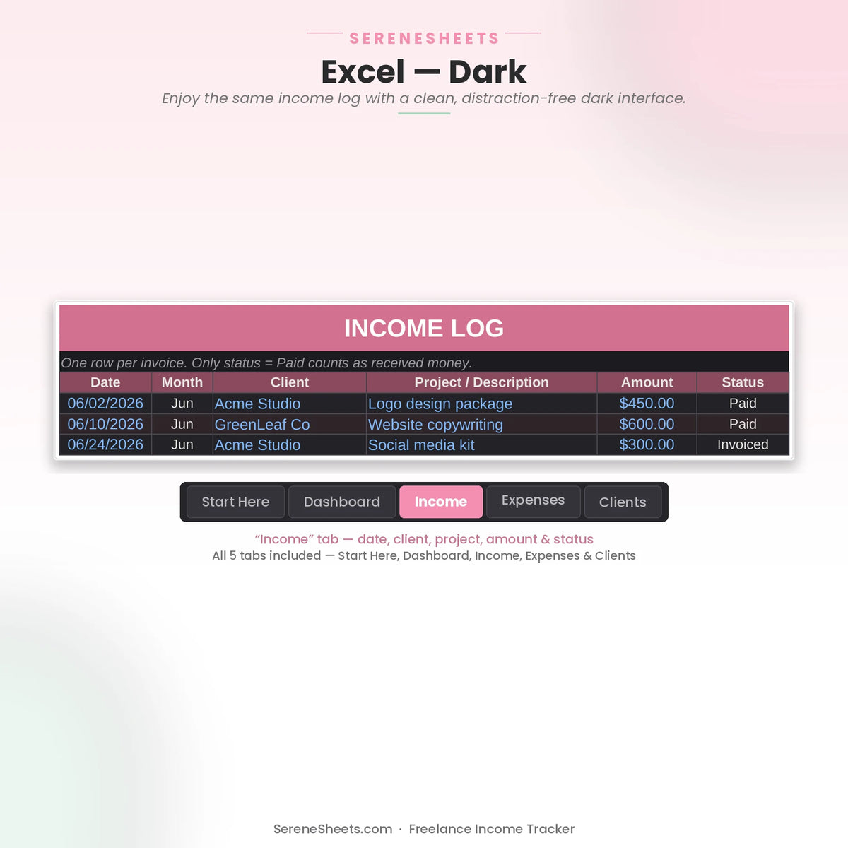 Freelance Income Tracker Income tab in Excel dark mode showing the same invoice log with a clean dark interface.