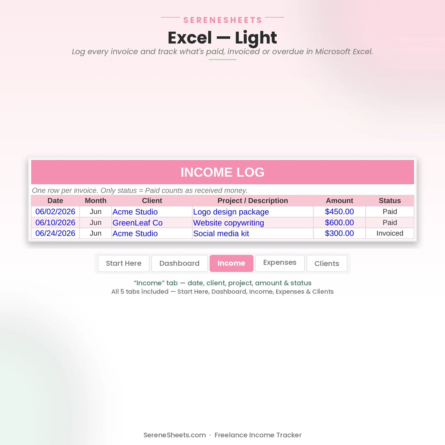 Freelance Income Tracker Income tab in Excel light mode listing invoices with client, project, amount and status.