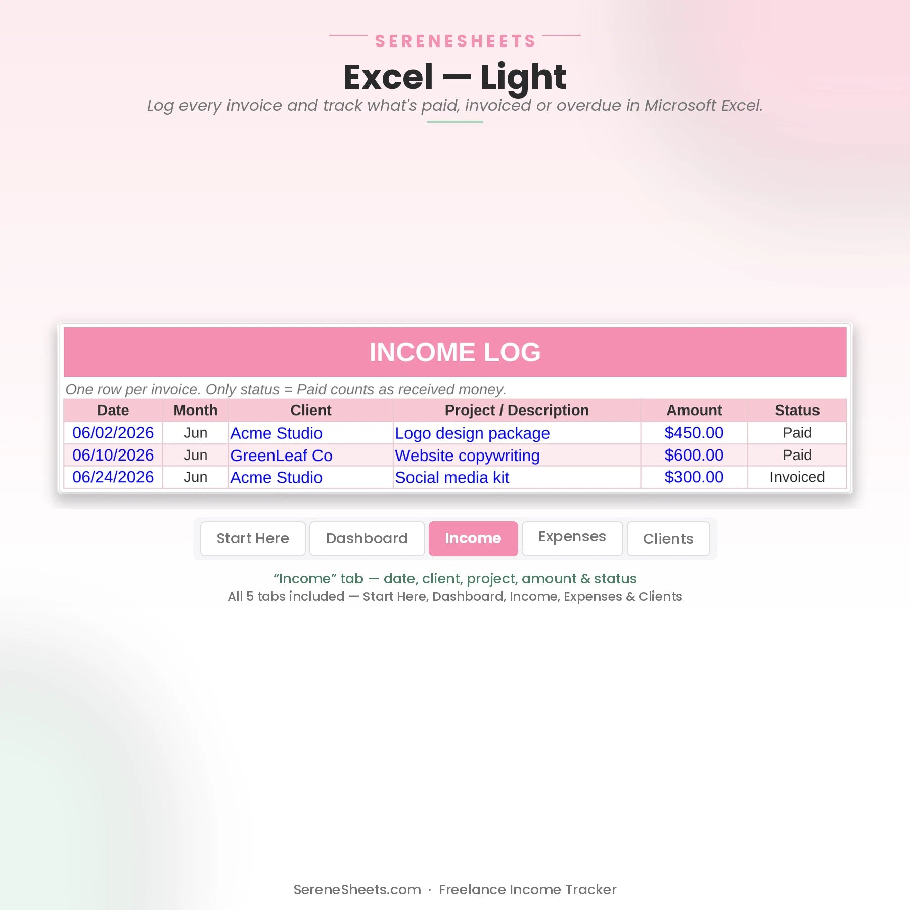 Freelance Income Tracker Income tab in Excel light mode listing invoices with client, project, amount and status.