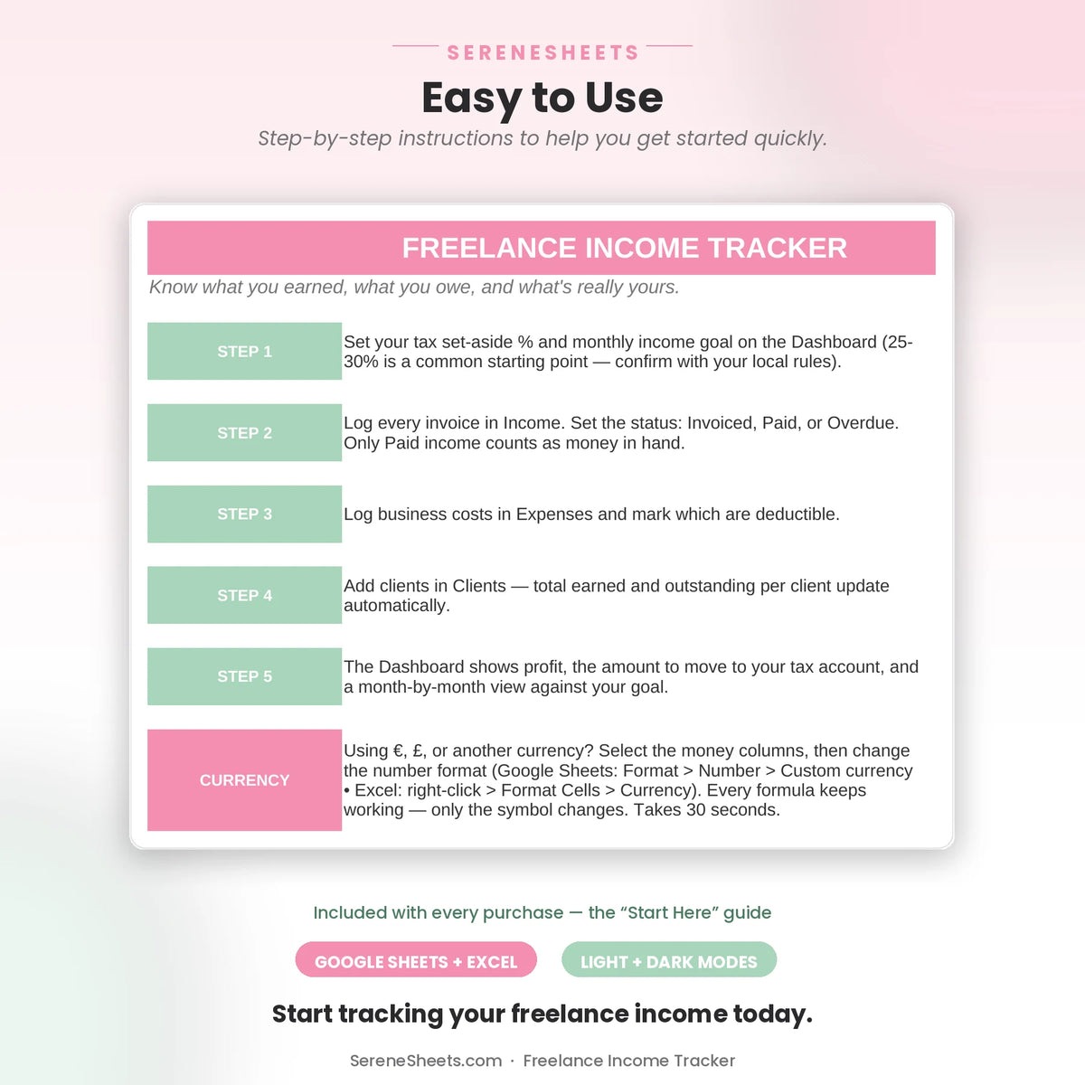Freelance Income Tracker Start Here guide showing five setup steps and a start-tracking-income call to action.