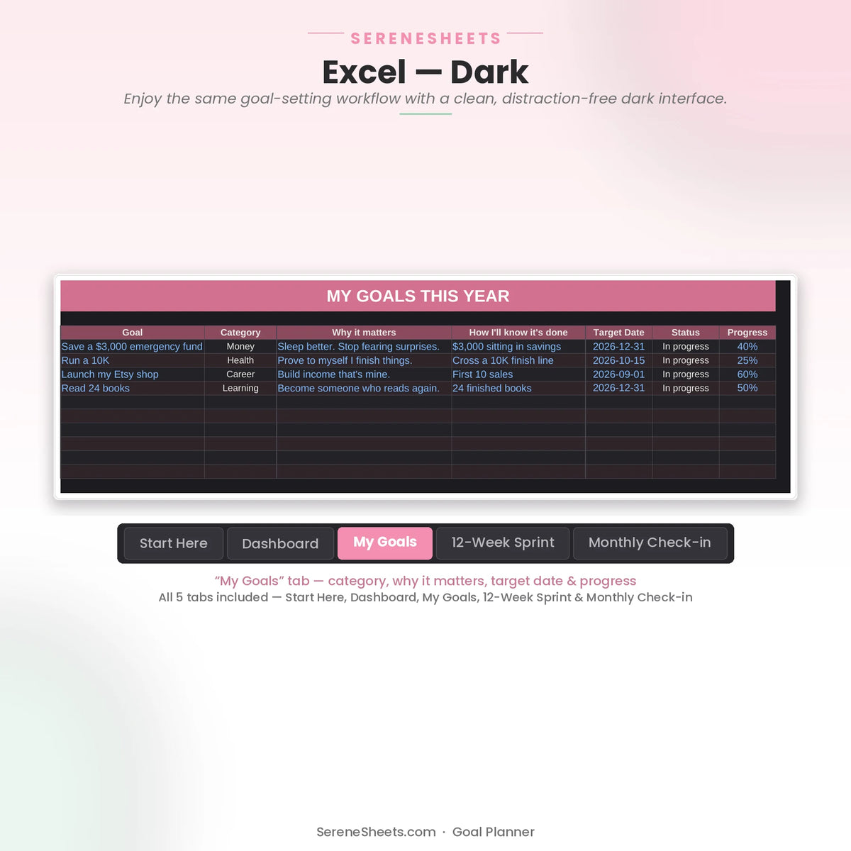 Goal Planner My Goals tab in Excel dark mode with the same goal-setting detail and a clean dark interface.