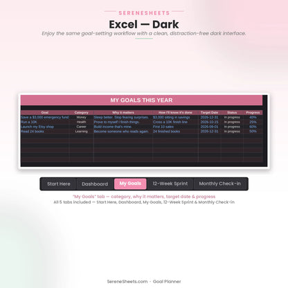 Goal Planner My Goals tab in Excel dark mode with the same goal-setting detail and a clean dark interface.