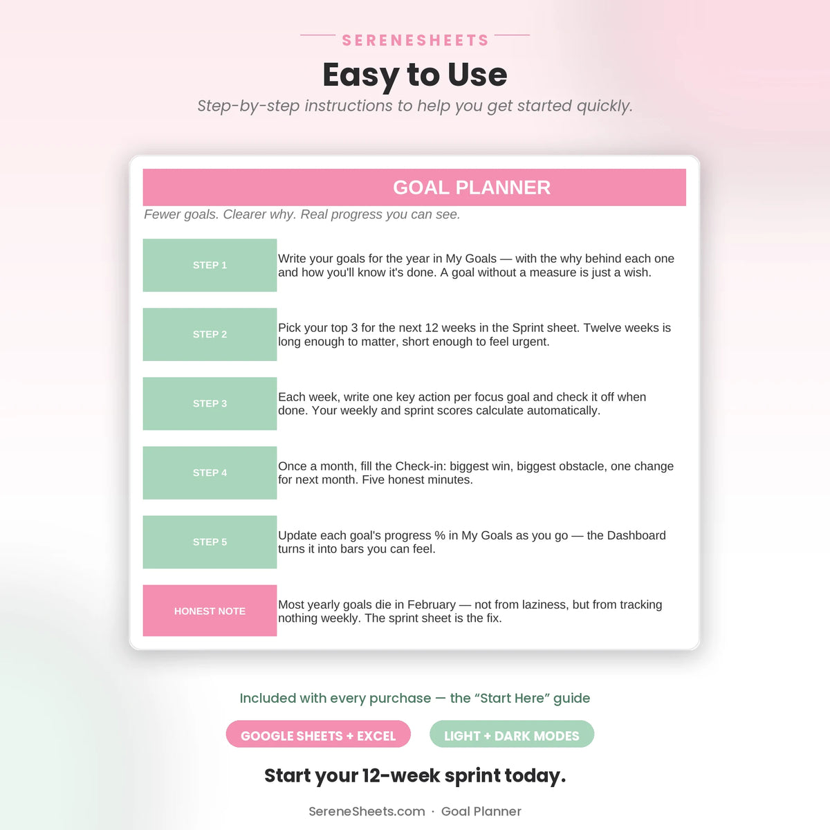 Goal Planner Start Here guide showing five setup steps and a start-your-12-week-sprint call to action.