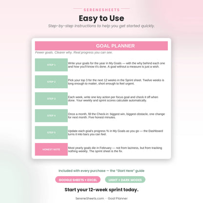 Goal Planner Start Here guide showing five setup steps and a start-your-12-week-sprint call to action.