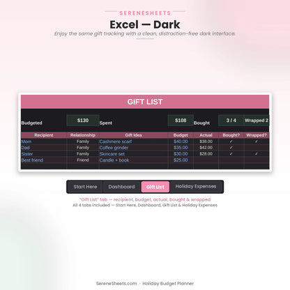 Holiday Budget Planner Gift List tab in Excel dark mode showing the same gift tracking with a clean dark interface.