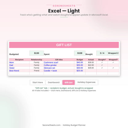 Holiday Budget Planner Gift List tab in Excel light mode showing recipient, budget, actual, bought and wrapped status.