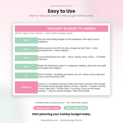 Holiday Budget Planner Start Here guide showing four setup steps, a tip, and a start-planning call to action.