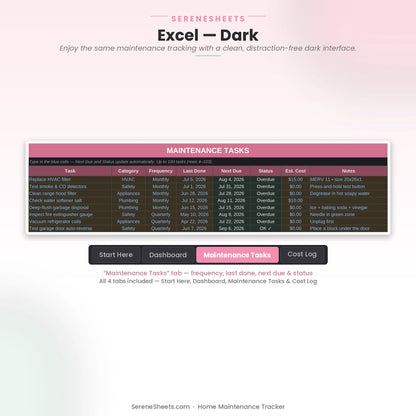 Home Maintenance Tracker Maintenance Tasks tab in Excel dark mode showing the same task list with a clean dark interface.