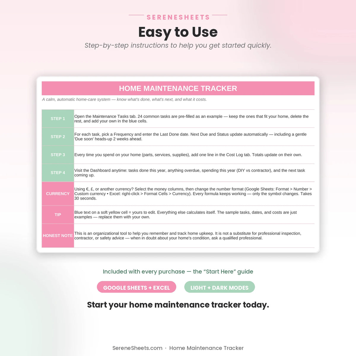 Home Maintenance Tracker Start Here guide showing four setup steps and a start-your-home-maintenance-tracker call to action.