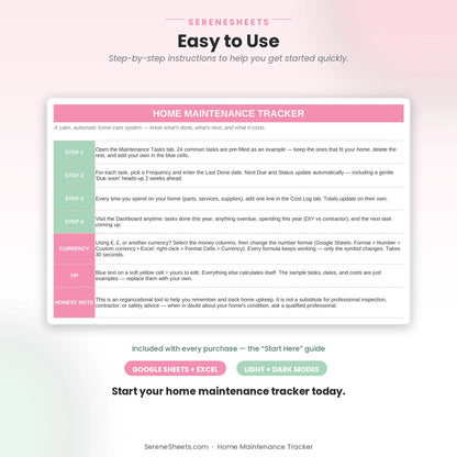 Home Maintenance Tracker Start Here guide showing four setup steps and a start-your-home-maintenance-tracker call to action.