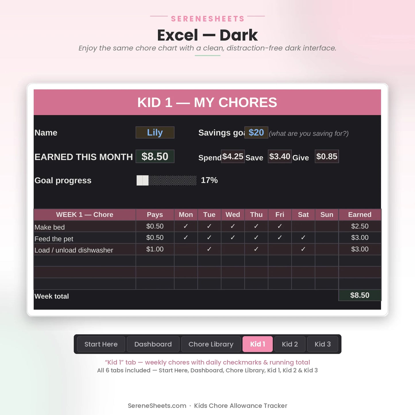 Kids Chore Allowance Tracker Kid 1 tab in Excel dark mode with the same weekly chore checklist and earnings tracking.