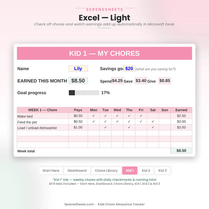 Kids Chore Allowance Tracker Kid 1 tab in Excel light mode showing weekly chores with daily checkmarks and running earnings total.