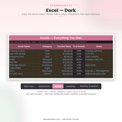 Net Worth Tracker Assets tab in Excel dark mode showing the same asset list with a clean dark interface.