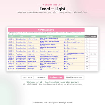 No-Spend Challenge Tracker Challenge Log tab in Excel light mode showing date, type, category and amount for each entry.