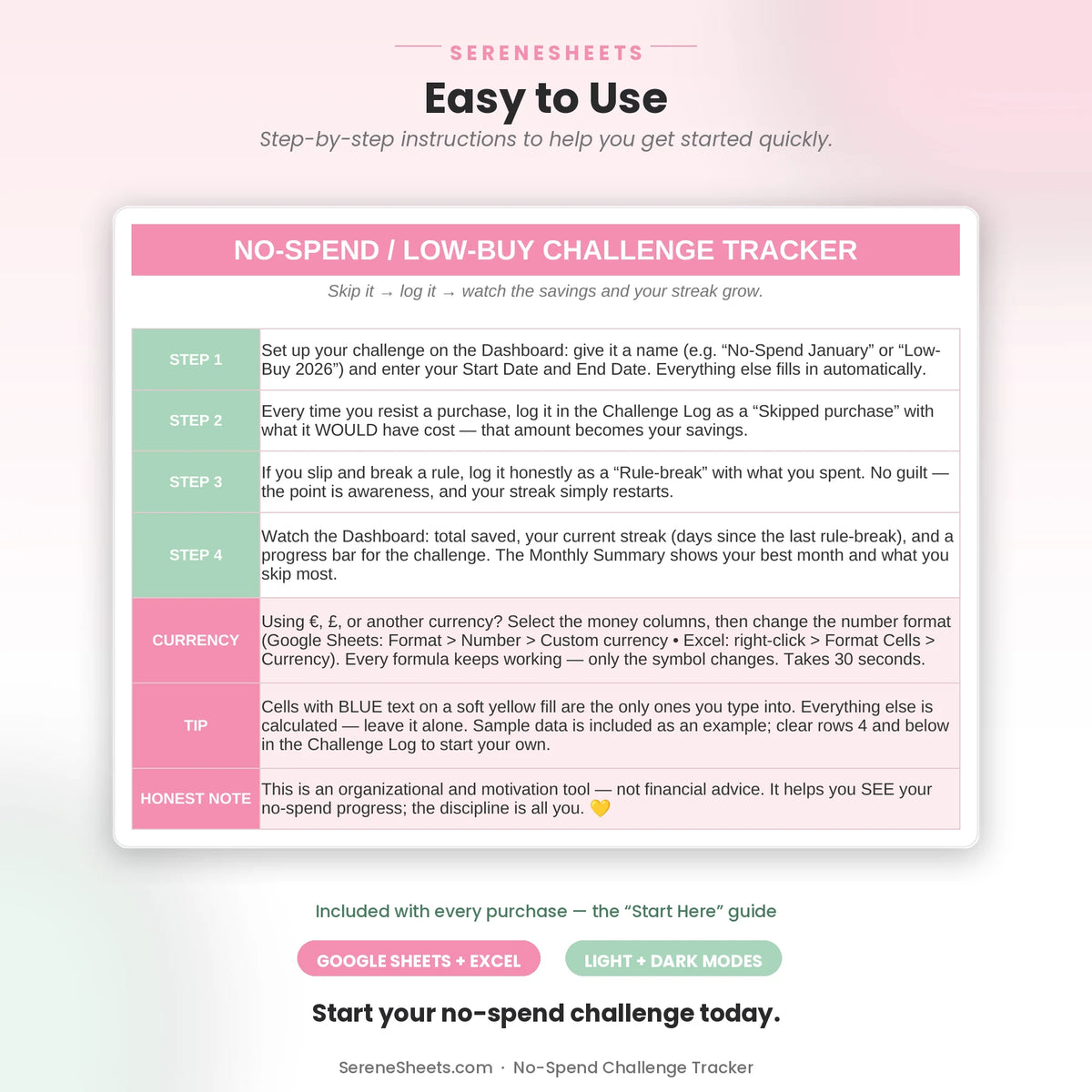 No-Spend Challenge Tracker Start Here guide showing four setup steps and a start-your-no-spend-challenge call to action.