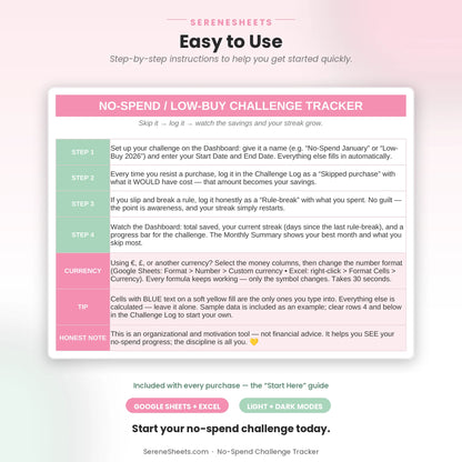 No-Spend Challenge Tracker Start Here guide showing four setup steps and a start-your-no-spend-challenge call to action.