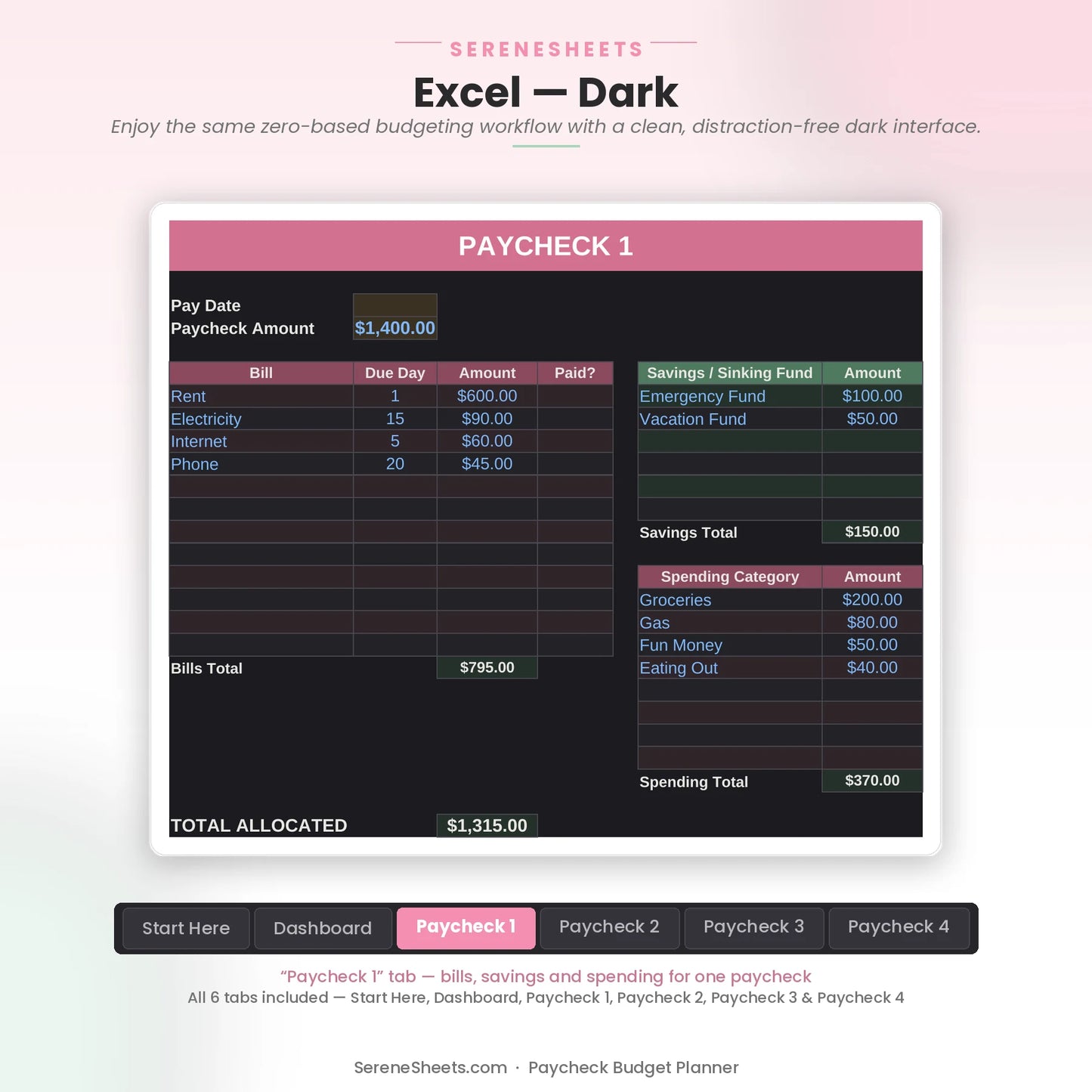 Paycheck Budget Planner Paycheck 1 tab in Excel light mode showing bills, sinking funds and spending categories for one check.