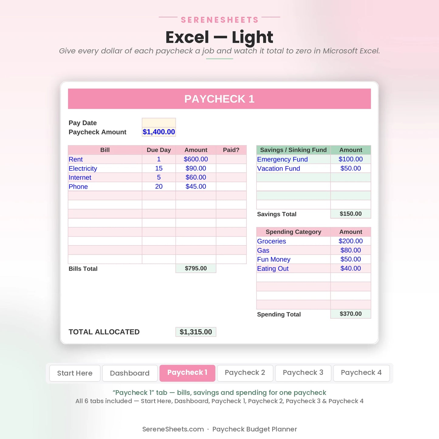 Paycheck Budget Planner Paycheck 1 tab in Excel light mode showing bills, sinking funds and spending categories for one check.