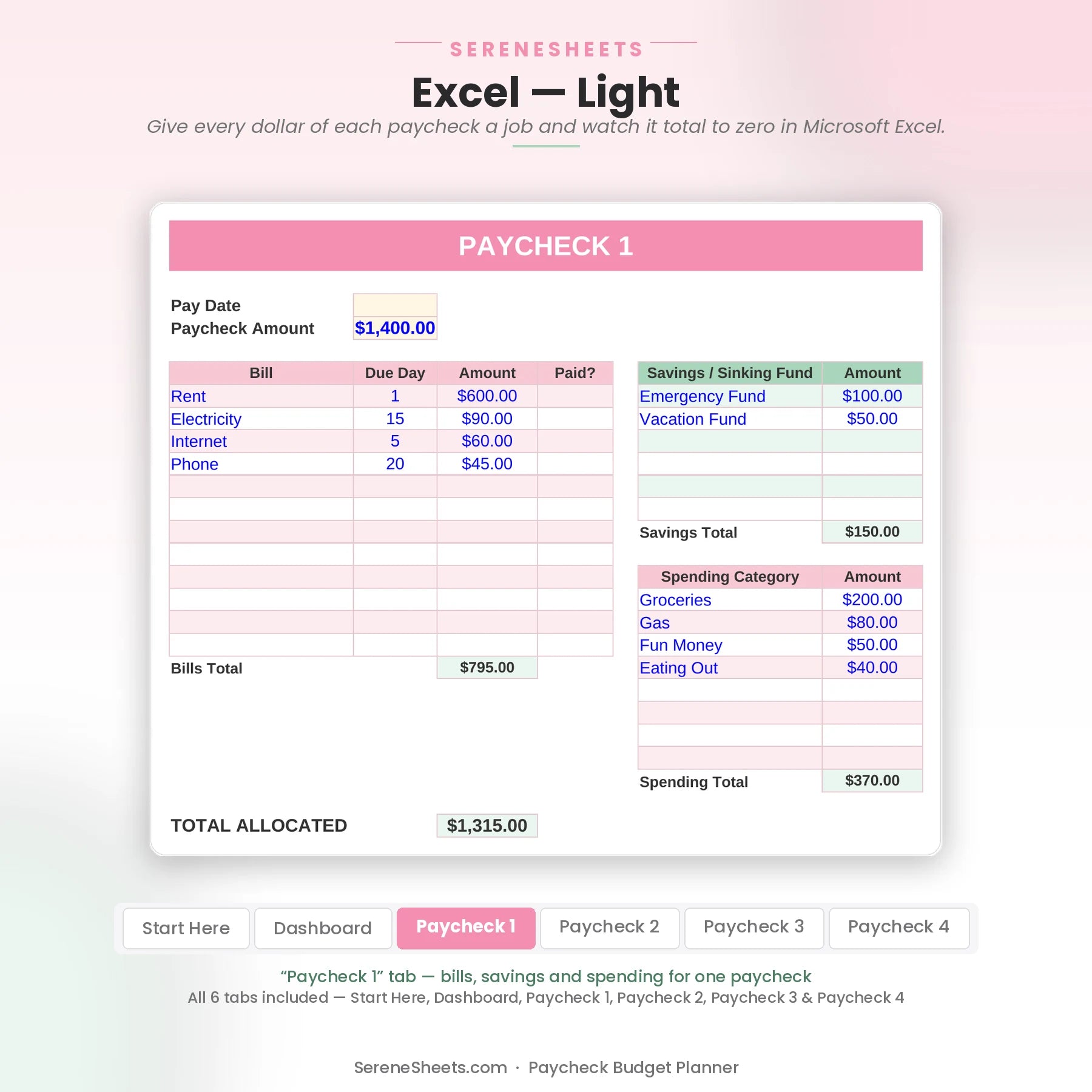 Paycheck Budget Planner Paycheck 1 tab in Excel light mode showing bills, sinking funds and spending categories for one check.