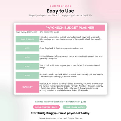 Paycheck Budget Planner Start Here guide showing four setup steps and a give-every-dollar-a-job call to action.