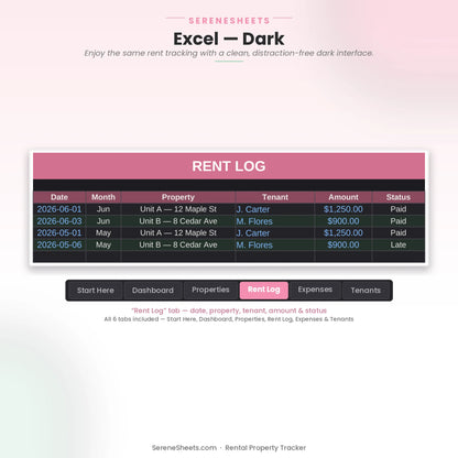Rental Property Tracker Rent Log tab in Excel dark mode showing the same rent log with a clean dark interface.