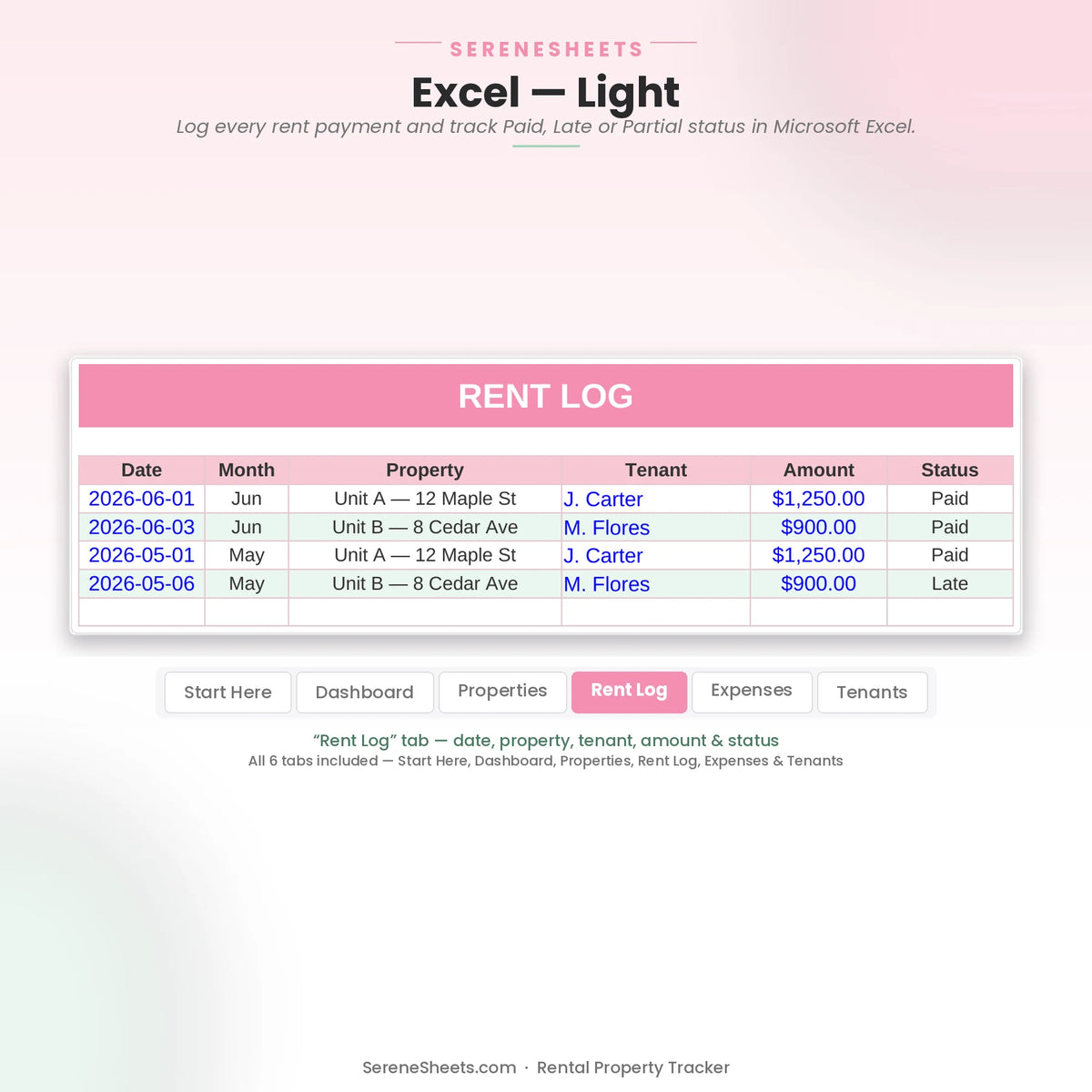 Rental Property Tracker Rent Log tab in Excel light mode showing date, property, tenant, amount and payment status.