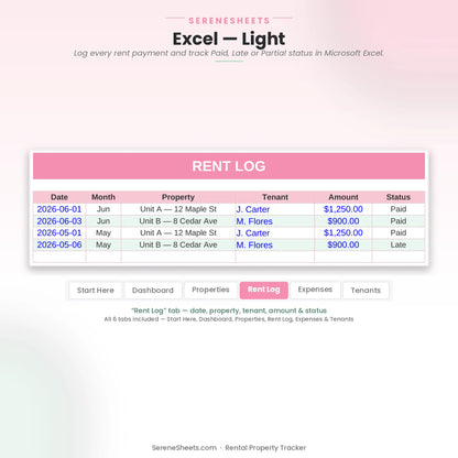 Rental Property Tracker Rent Log tab in Excel light mode showing date, property, tenant, amount and payment status.