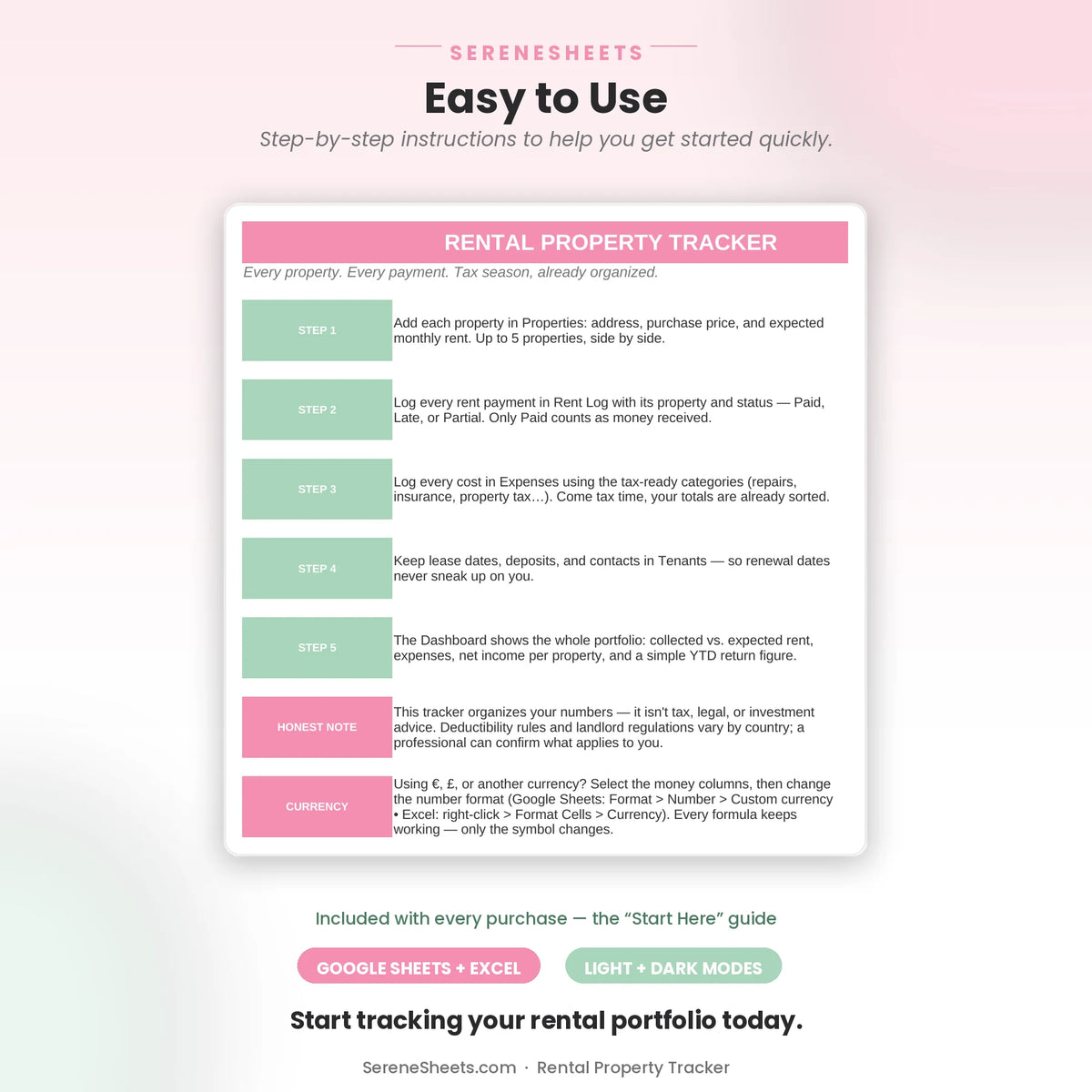Rental Property Tracker Start Here guide showing five setup steps and a start-tracking-your-portfolio call to action.