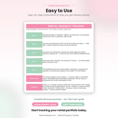 Rental Property Tracker Start Here guide showing five setup steps and a start-tracking-your-portfolio call to action.