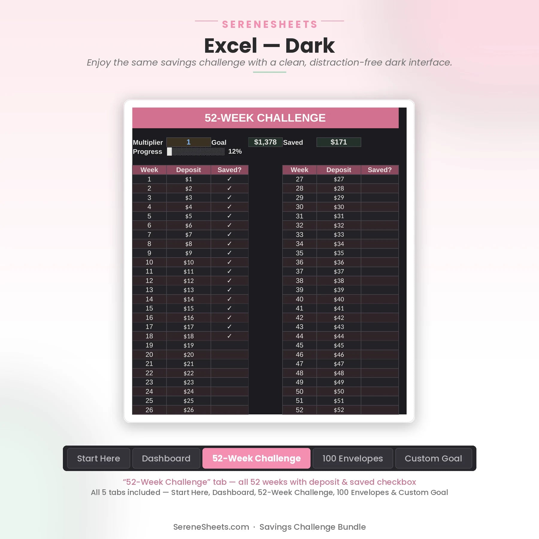 Savings Challenge Bundle 52-Week Challenge tab in Excel dark mode with the same weekly deposit list and progress tracking.