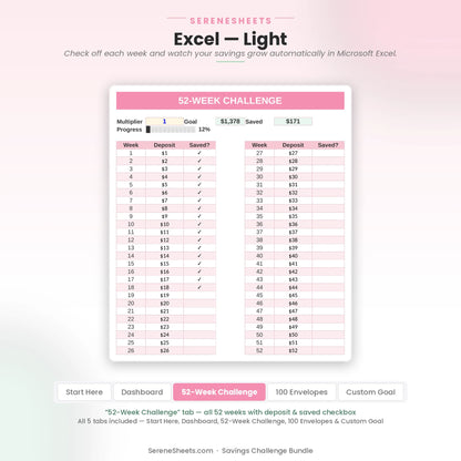 Savings Challenge Bundle 52-Week Challenge tab in Excel light mode showing all 52 weeks with deposit amounts and saved checkboxes.