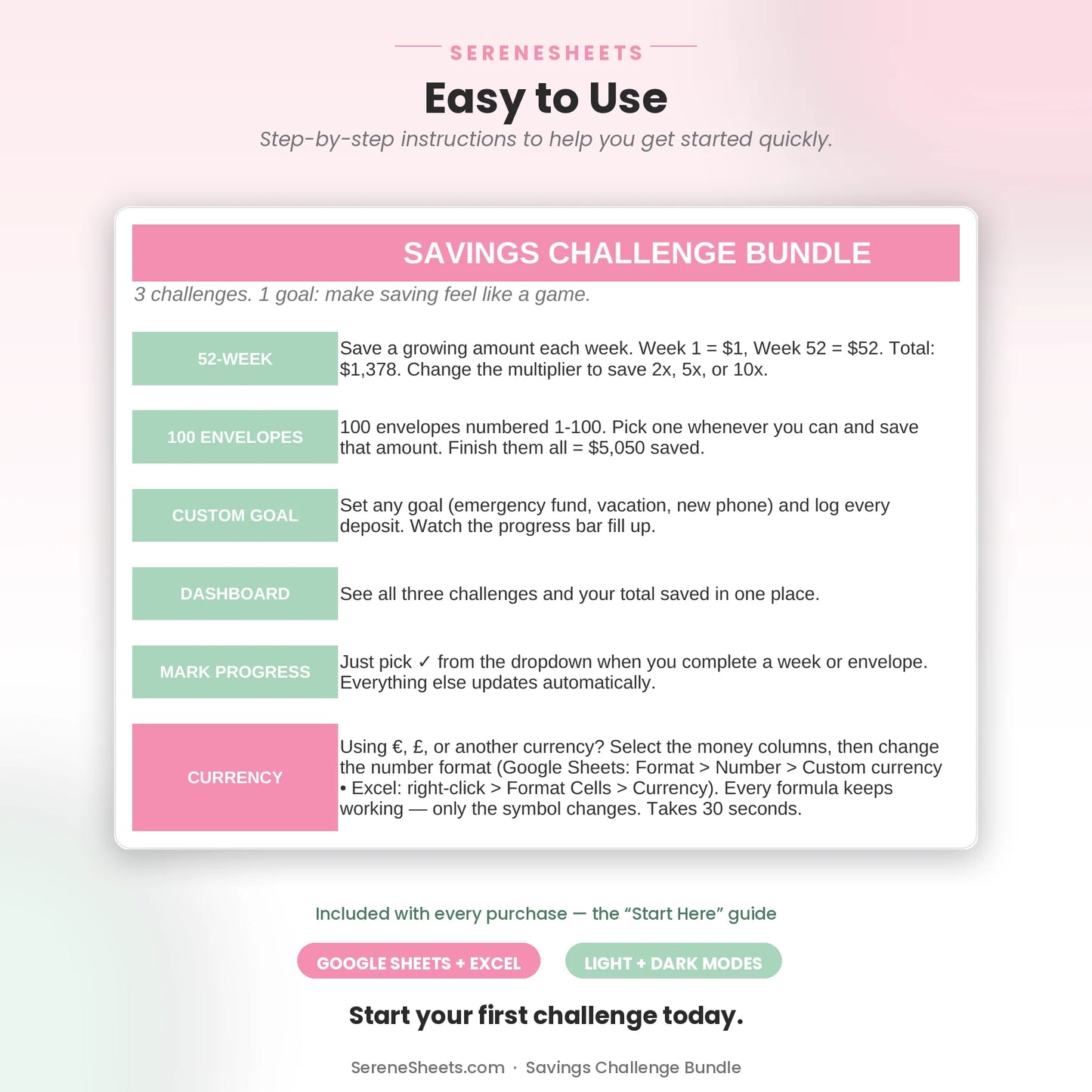Savings Challenge Bundle Start Here guide showing all three challenge methods explained and a start-saving call to action.