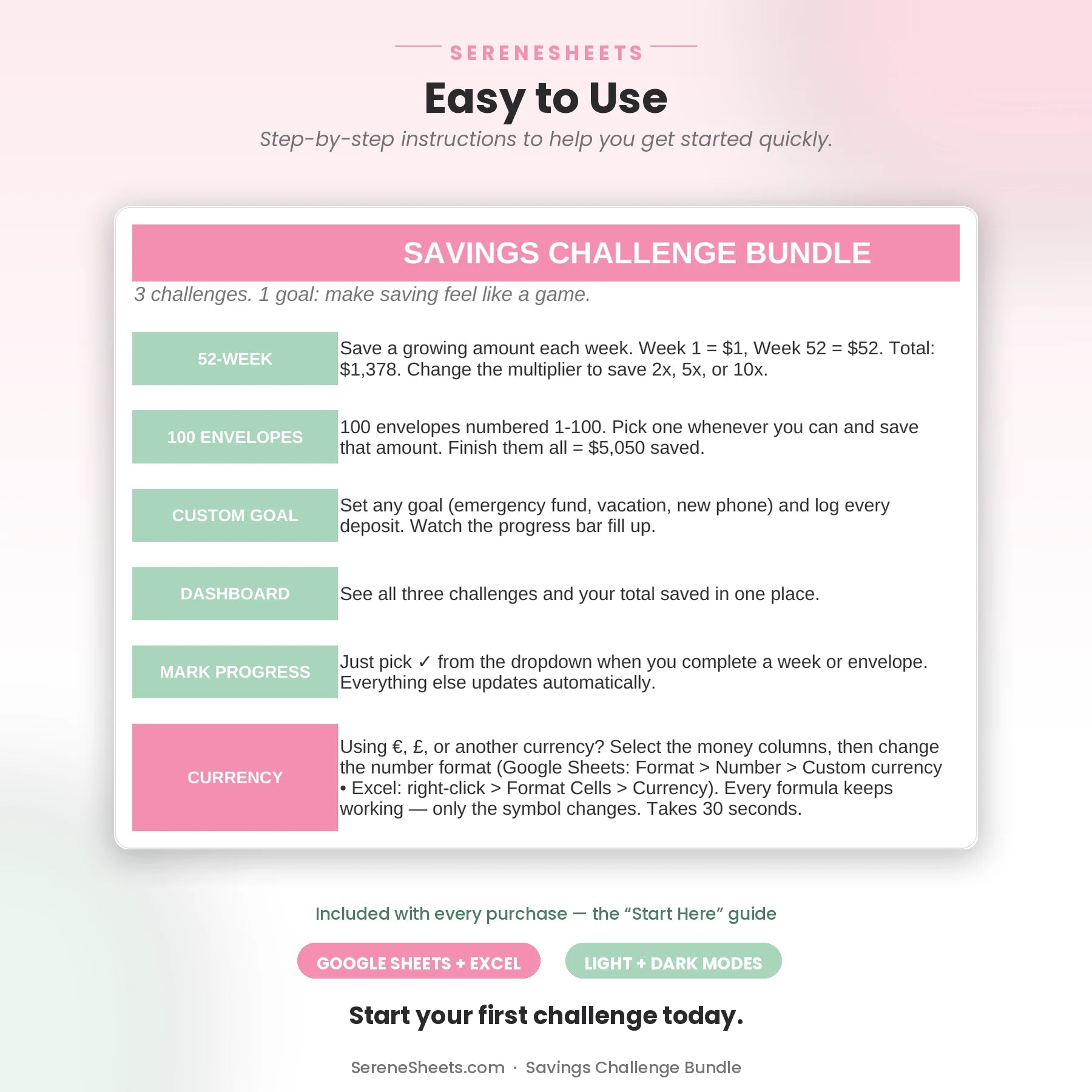 Savings Challenge Bundle Start Here guide showing all three challenge methods explained and a start-saving call to action.