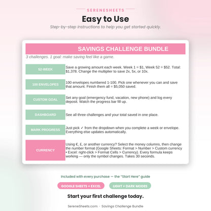 Savings Challenge Bundle Start Here guide showing all three challenge methods explained and a start-saving call to action.